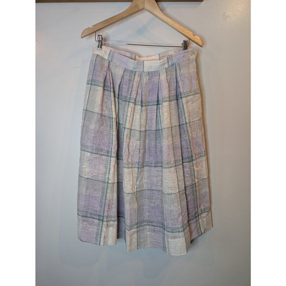 Vintage JCPenney Linen Plaid Pleated Midi Skirt Lavender Green Cream Women Sz 18 - Picture 1 of 10